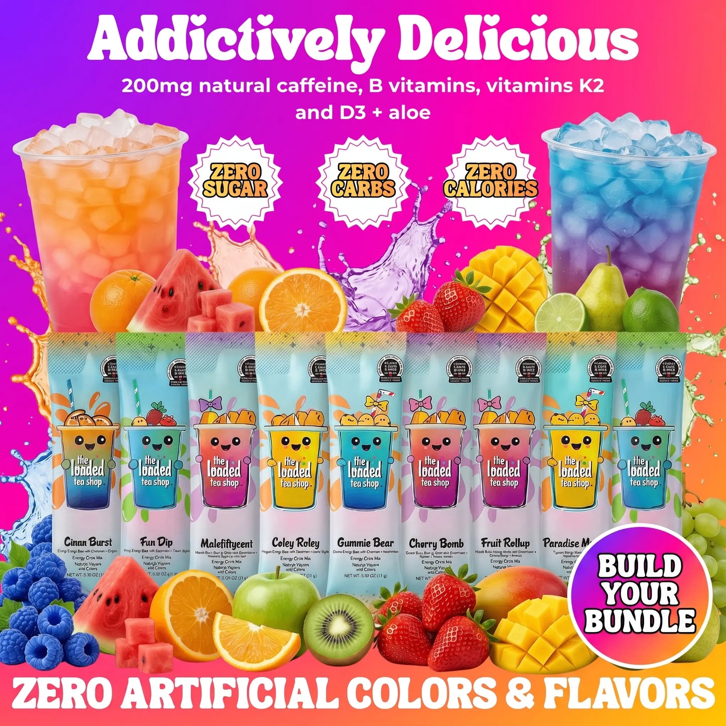 The Loaded Tea Shop - 40 Flavors, 1 Packet Makes 32 Oz, Zero Sugar, Zero Carbs, Zero Calories, Zero Artificial Colors & Flavors, B-Complex, Vitamins D3 & K2, Aloe, 200Mg Natural Caffeine, Build Your Own Bundle, Functional Energy Tea Packs