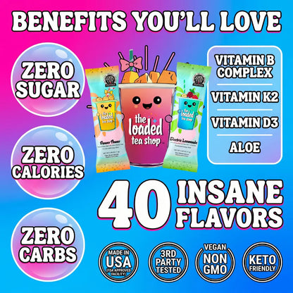 The Loaded Tea Shop - 40 Flavors, 1 Packet Makes 32 Oz, Zero Sugar, Zero Carbs, Zero Calories, Zero Artificial Colors & Flavors, B-Complex, Vitamins D3 & K2, Aloe, 200Mg Natural Caffeine, Build Your Own Bundle, Functional Energy Tea Packs